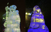 А эти Мороз и Снегурка украшают вход на фестиваль Круг света в Музеоне.