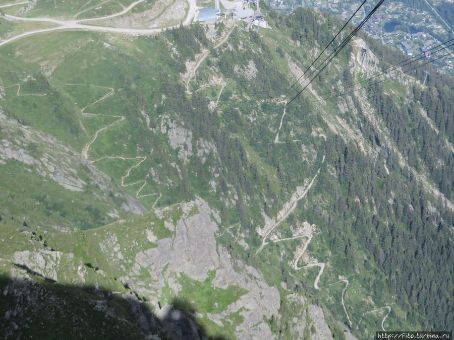 Вид с Бреванта  на склон горы ПЛАНПЛАЗ  ( PLANPRAZ 1999 м) и видны на верхнюю часть  троп по которым можно подняться  из Шамони  (1035 м). Шамони, Франция