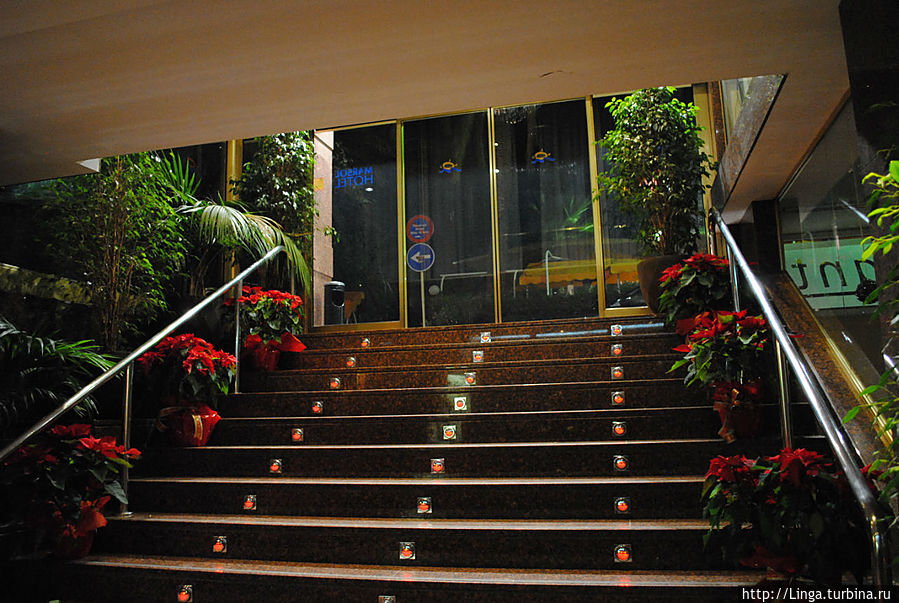 Вход в отель — вниз по лестнице. На первом этаже — ресторан со входом с улицы.