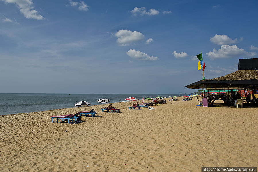 Вдоль берега всюду стоят заведения, где можно отобедать, но надо выбирать домики покрупнее — там точно не будет анти-санитарии. Вдоль берега можно идти бесконечно — 110 км. сплошных пляжей...
*