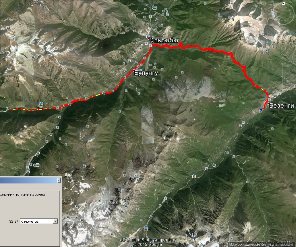 Карта маршрута на Гугл-земля Безенги, Россия