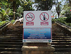 Ступеньки ведущие на смотровую площадку и плакаты о запрете алкоголя и курения на территории площадки.