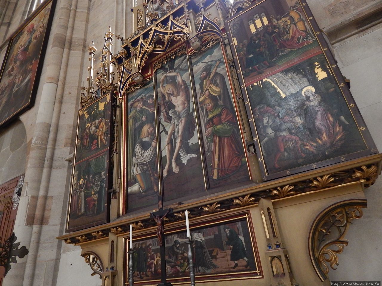 Sebastiansaltar. Алтарь Св. Себастьяна, картины датируются 1520–30 годами. Дар гильдии лучников. Динкельсбюль, Германия