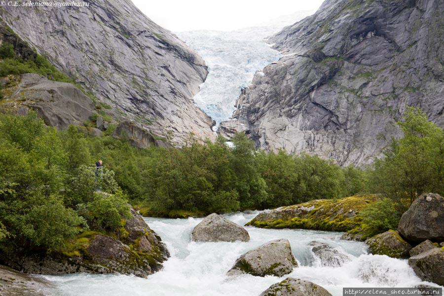 13. Норвежская природа во всей своей красе — ледник, горная речка, горы, камни, деревья. Меня не покидает ощущение, что у горы справа есть глаз. Гора смотрит куда-то вдаль спокойным взглядом мудрого, 
 много повидавшего человека. Бриксдальбреен, Норвегия