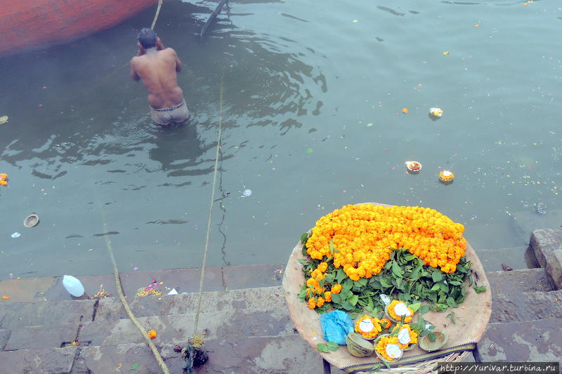 Каждый такой цветочек стоит не дороже 10 рупий (как сейчас 10 рос. рублей), но туристам впаривают по сто. Варанаси, Индия