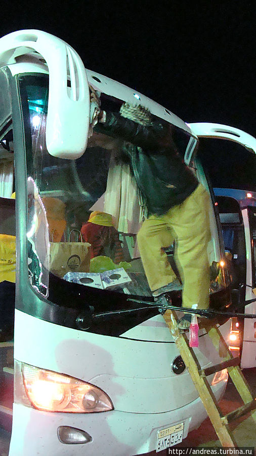 Мужик моет лобовое стекло автобуса с деревянной лестницы Египет