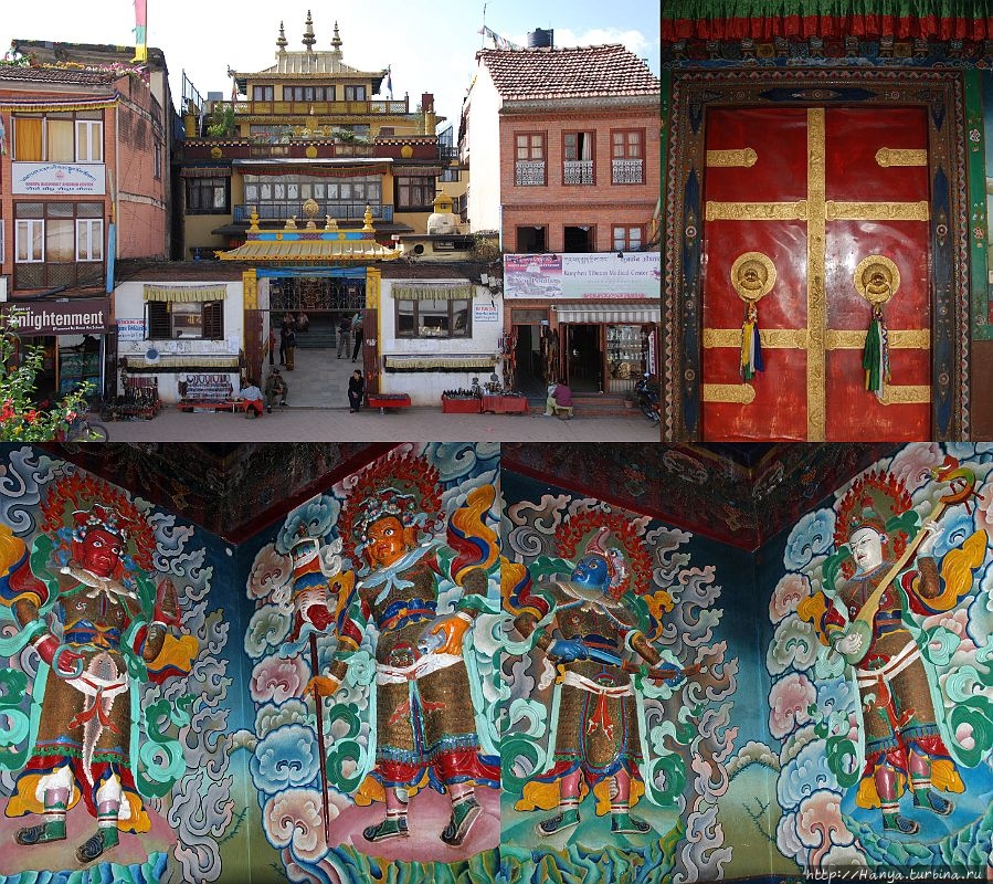 Джамчен Гомпа (Шакья) находится слева (к западу) от главного входа в Будханатх близ Катманду. Здесь находится входная дверь и рельефные скульптуры Четырех королей-хранителей. Из интернета Катманду, Непал