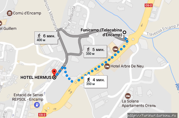 Схема дороги от отеля до Фуникампа Энкамп, Андорра