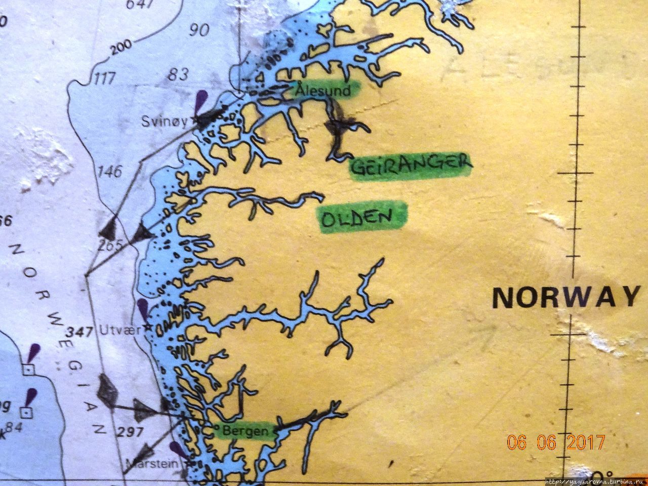 часть карты с маршрутом круиза Норвегия