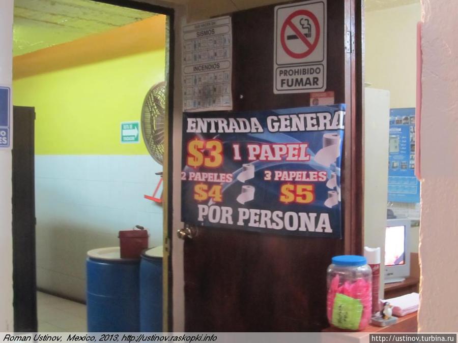 Стоимость входа в сортир зависит от засранистости посетителя: одна бумажка — 3 песо, 2 бумажки — 4 песо, 3 бумажки — 5 песо Мексика