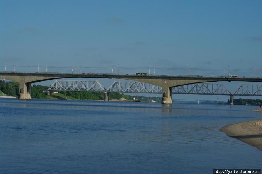 Вид Октябрьского моста (на заднем плане — железнодорожный) через реку Волга в Ярославле от Тверицкого пляжа (левый берег) Ярославль, Россия