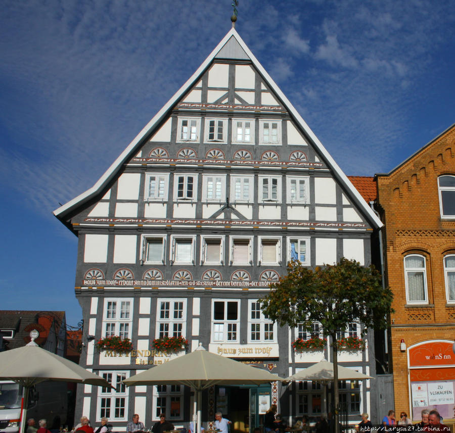 Дом Zum Wolf 1573 г. — деревянный дом на Марктплатц прекрасно декорирован модными в то время орнаментами в виде розеток. Штадтхаген, Германия