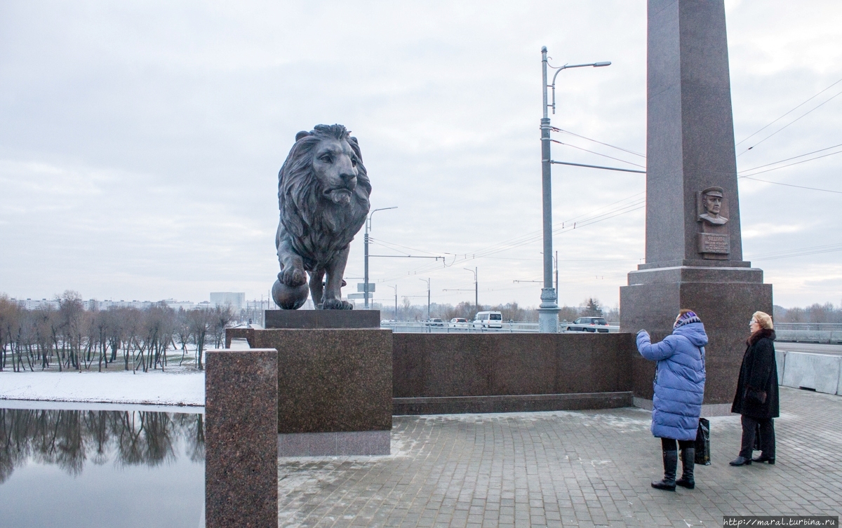 Бронзовый лев рядом с пилоном с изображением Героя Советского Союза, старшего лейтенанта Н.И. Яшина Могилев, Беларусь