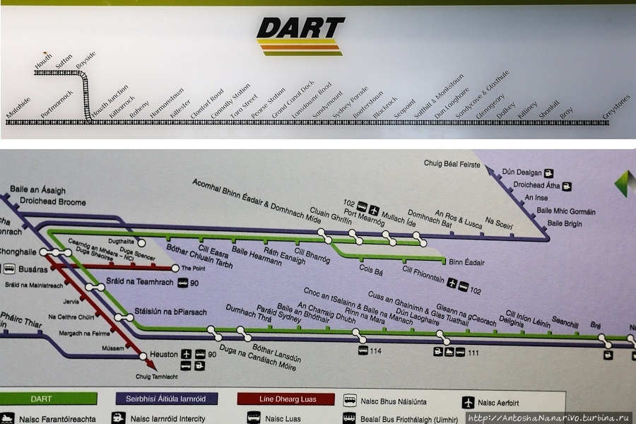Вверху – схема линий ДАРТ на английском языке. Внизу – схема ДАРТ по-ирландски совместно со смежными видами транспорта. Здесь зелёная линия – это ДАРТ, фиолетовая – междугордная электричка, а красная – трамвай.