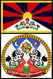 Национальный флаг Тибета (вверху) несет изображение горы с двумя снежными львами, шестью красными и шестью синими лучами, расходящимися от солнца. 
В самом Тибете этот флаг запрещен китайскими властями как символ сепаратизма.
Данная версия флага была принята в 1925 году Далай-ламой XIII, объединившим в нём военные флаги различных провинций. Флаг служил символом независимого Тибета вплоть до 1950 года.
Он остается символом правительства Тибета в изгнании (находящегося в Дхарамсале, Индия).

Описание герба Тибета (внизу)
Содержит несколько элементов флага Тибета, расположенных несколько иным образом, и ряд буддистских символов, не присутствующих на флаге. В первую очередь, это солнце и луна над Гималаями, которые представляют тибетскую страну, часто известную как Земля, Окруженная Горами Снега. На склонах гор стоят два снежных льва. Между львами расположено колесо о восьми спицах, Дхармачакра, представляющая Благородный восьмеричный путь буддизма. В колесе — вращающаяся трёхкомпонентная драгоценность, которая представляет десять добродетелей и шестнадцать гуманных способов поведения.