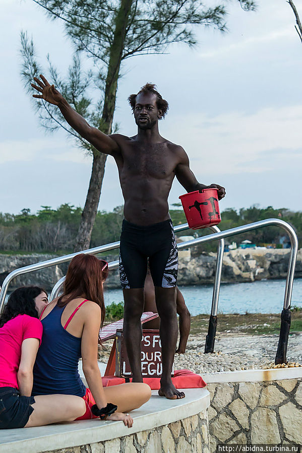 А этот парень собирает чаевые для тех, кто прыгает со скал Негрил, Ямайка