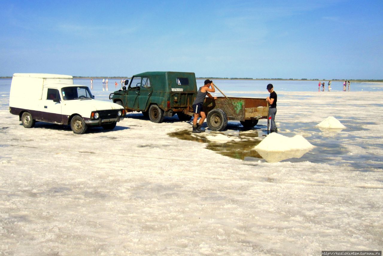 Вот так местные жители собирают лопатами соль. Яровое, Россия