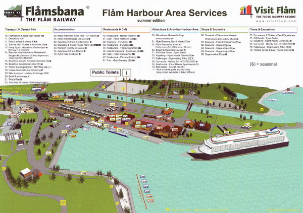 Схема Флама. Самое важное указано прямо на карте, прямым текстом: Public Toilets. Флом, Норвегия