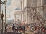 Екатерина II на балконе Зимнего дворца, приветствуемая гвардией и народом в день переворота 28 июня 1762 года. По оригиналу Иоахима Кестнера (Из Интернета)